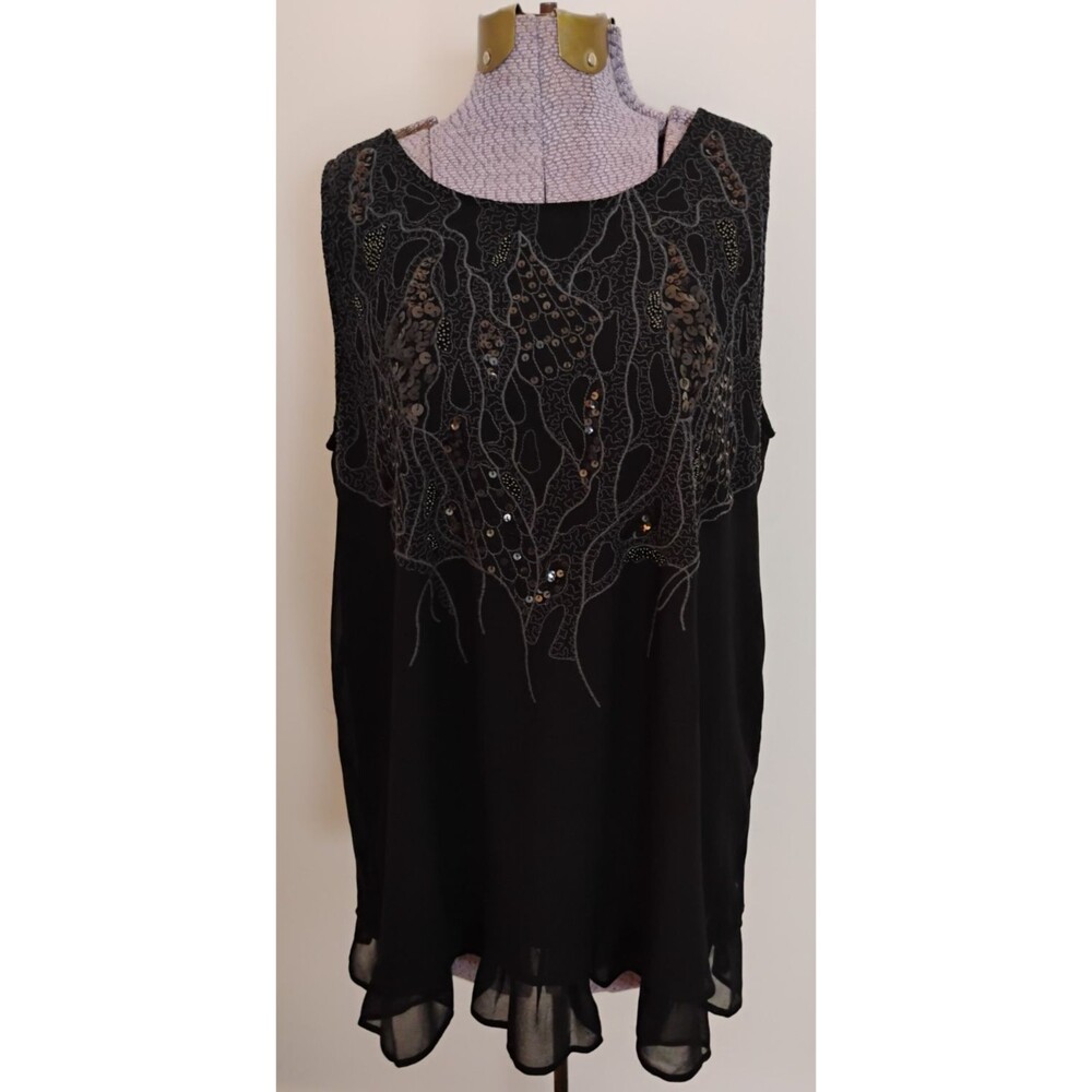 LOGO Lavish Lori Goldstein Tank Top Sequins Embroidery Black Layered Ruffled L